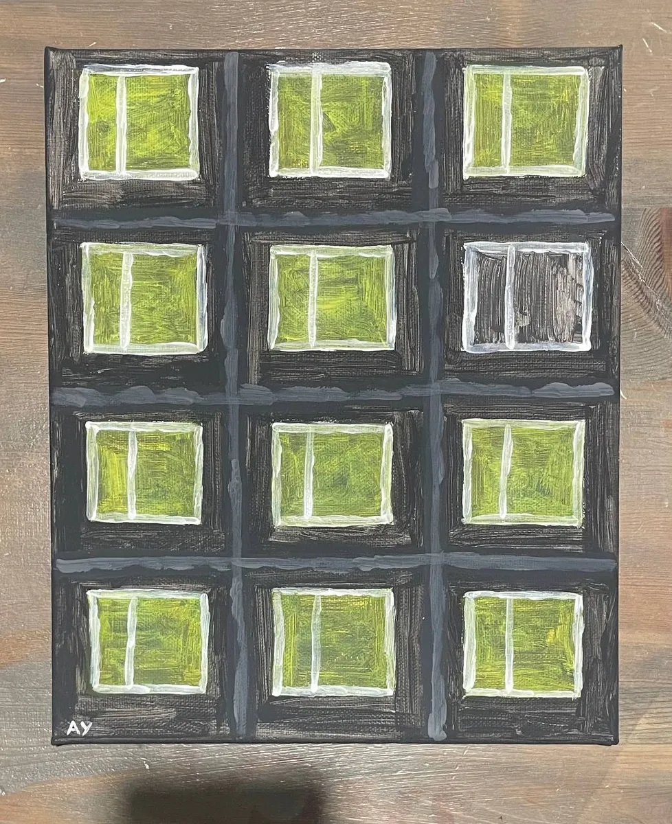 Tableau abstrait contemporain « Fenêtres », signé AY
